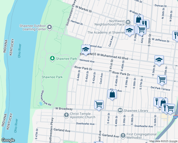 map of restaurants, bars, coffee shops, grocery stores, and more near 4242 River Park Drive in Louisville