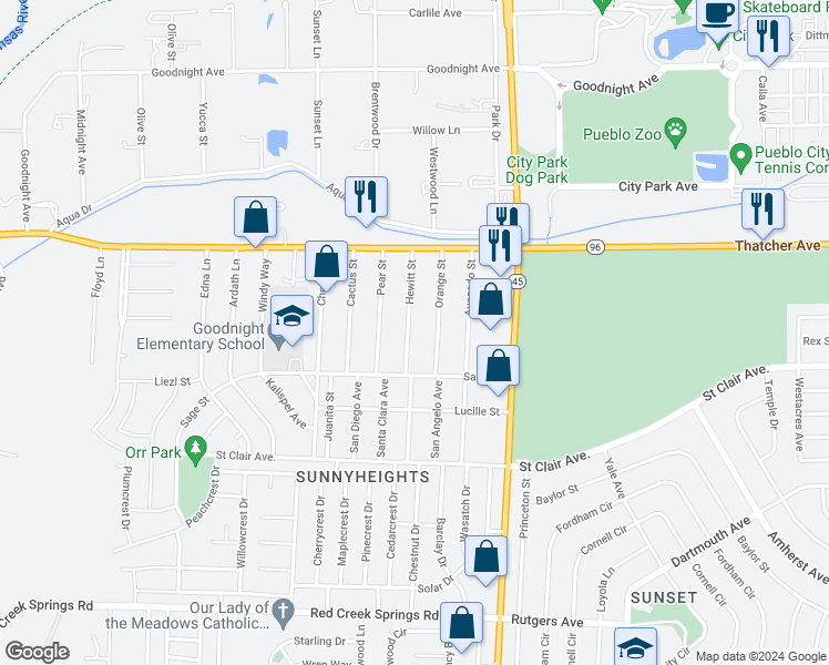 map of restaurants, bars, coffee shops, grocery stores, and more near 608 Hewitt Street in Pueblo