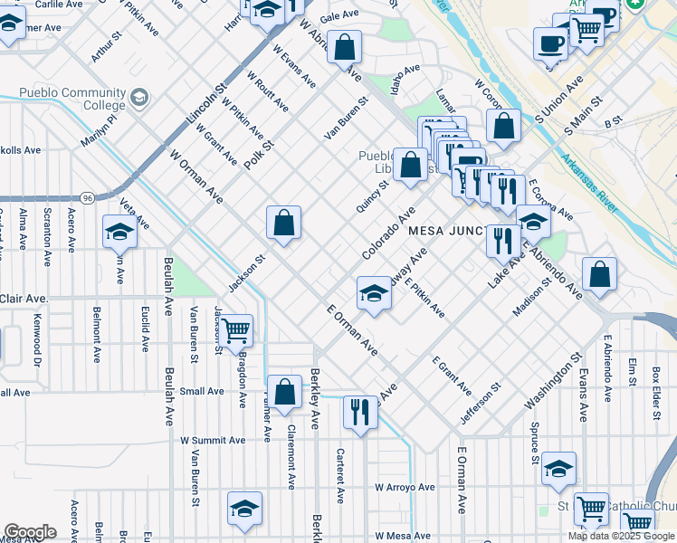 map of restaurants, bars, coffee shops, grocery stores, and more near 501 Colorado Avenue in Pueblo