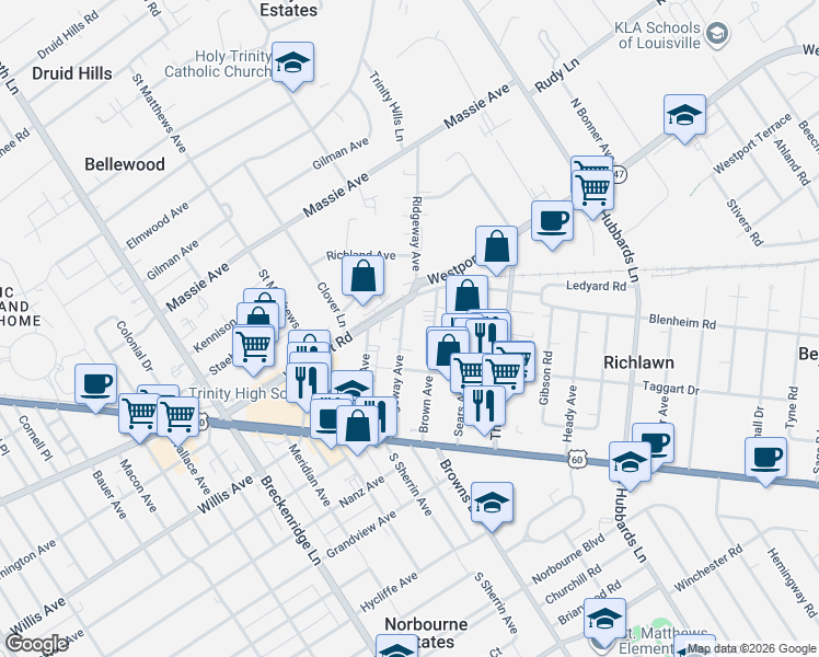map of restaurants, bars, coffee shops, grocery stores, and more near 219 Ridgeway Avenue in Louisville