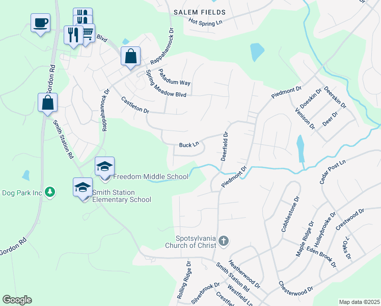 map of restaurants, bars, coffee shops, grocery stores, and more near 6913 Hawthorne Woods Circle in Fredericksburg