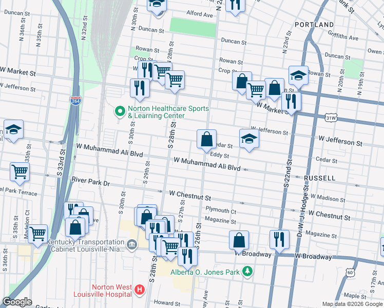 map of restaurants, bars, coffee shops, grocery stores, and more near 416 South 27th Street in Louisville