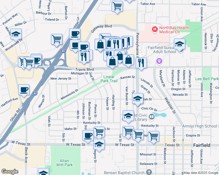 map of restaurants, bars, coffee shops, grocery stores, and more near 1154 Harding Street in Fairfield