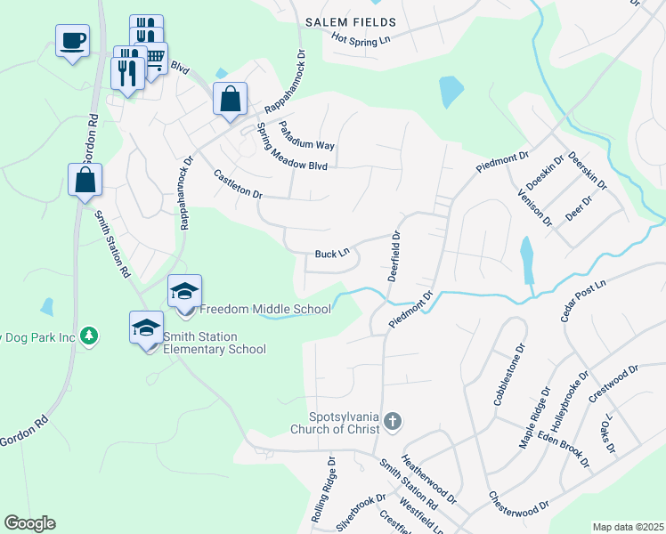 map of restaurants, bars, coffee shops, grocery stores, and more near 6913 Hawthorne Woods Circle in Fredericksburg
