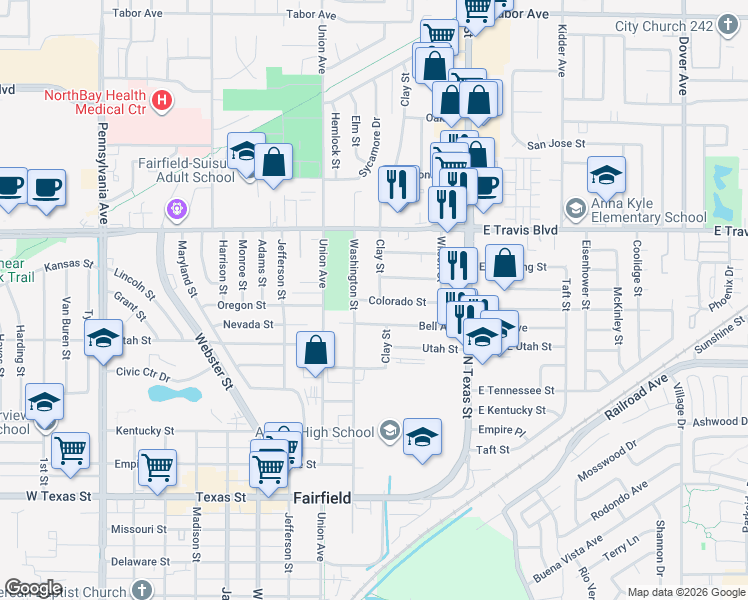 map of restaurants, bars, coffee shops, grocery stores, and more near 424 Colorado Street in Fairfield