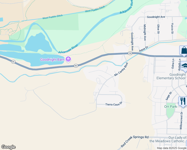 map of restaurants, bars, coffee shops, grocery stores, and more near 5434 Sagemoor Place in Pueblo