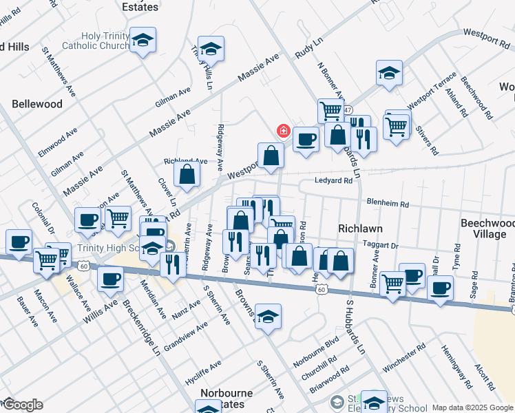 map of restaurants, bars, coffee shops, grocery stores, and more near 180 Sears Avenue in Louisville