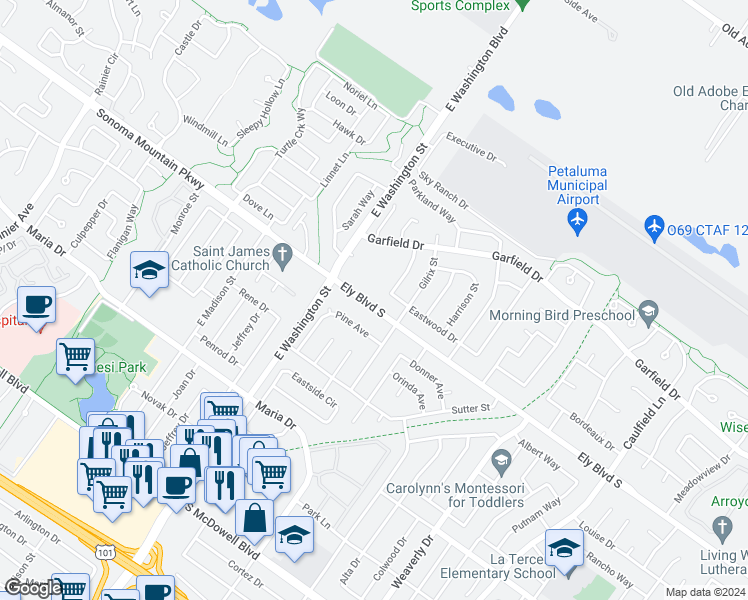 map of restaurants, bars, coffee shops, grocery stores, and more near 301 Ely Boulevard South in Petaluma