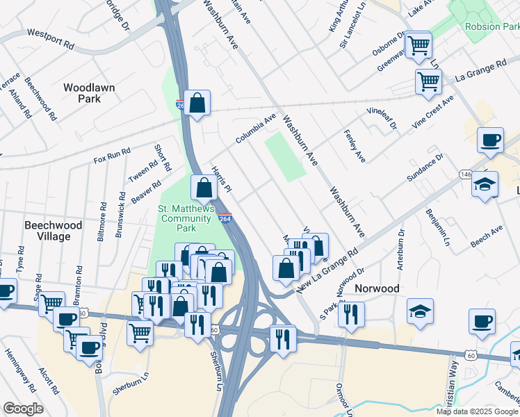 map of restaurants, bars, coffee shops, grocery stores, and more near 524 Marquette Drive in Louisville
