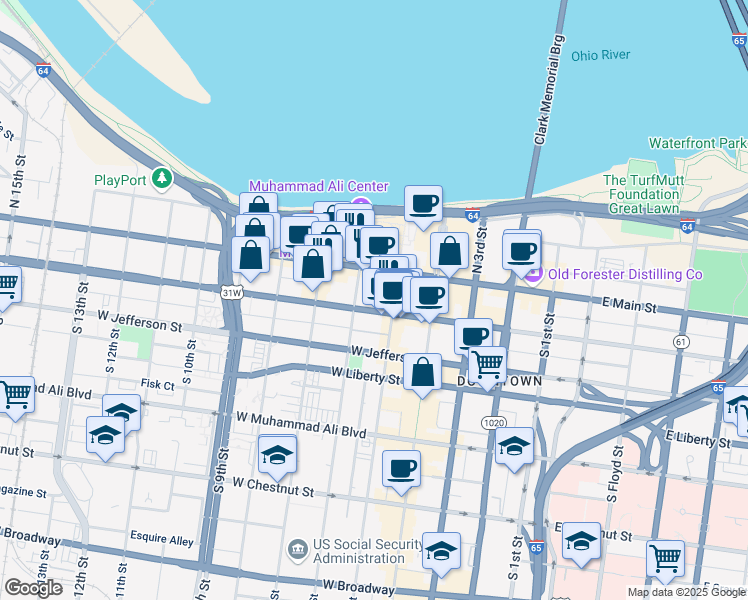 map of restaurants, bars, coffee shops, grocery stores, and more near 527 West Market Street in Louisville