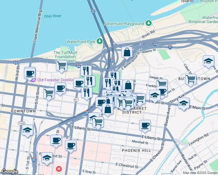 map of restaurants, bars, coffee shops, grocery stores, and more near 601 East Washington Street in Louisville