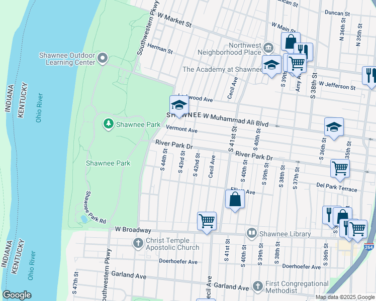 map of restaurants, bars, coffee shops, grocery stores, and more near 4242 River Park Drive in Louisville
