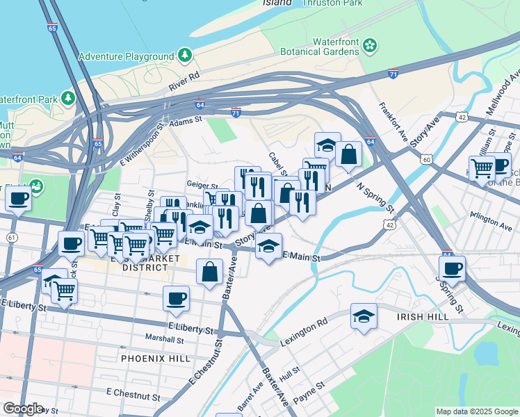 map of restaurants, bars, coffee shops, grocery stores, and more near 1078 E Washington St in Louisville