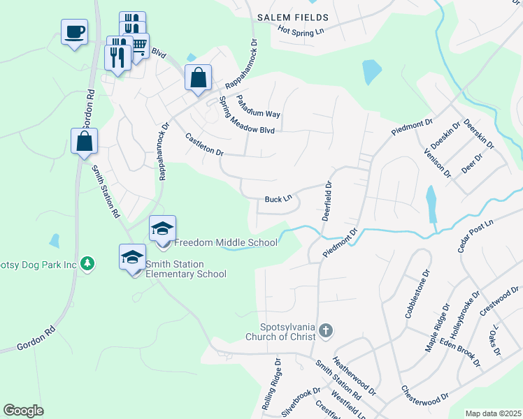 map of restaurants, bars, coffee shops, grocery stores, and more near 10909 Maranda Court in Fredericksburg