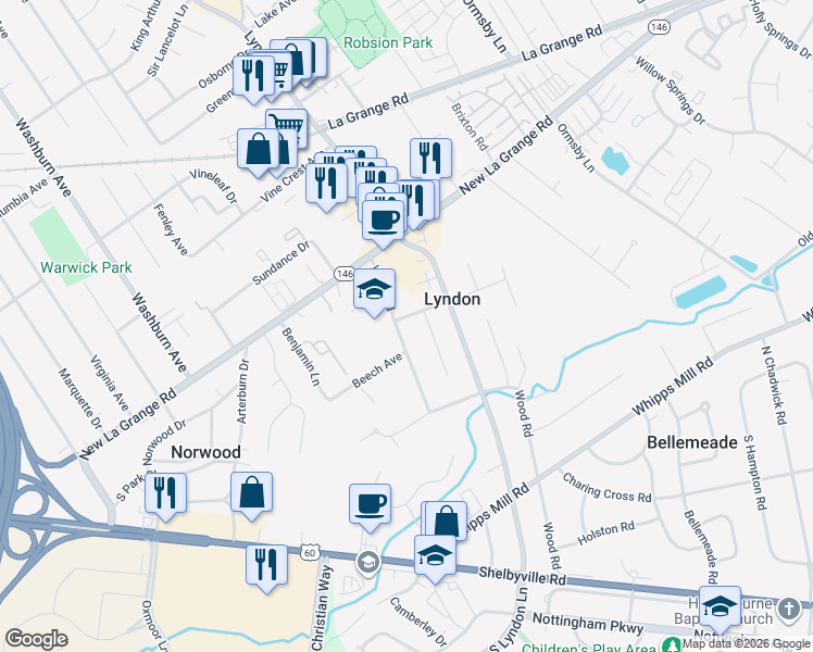 map of restaurants, bars, coffee shops, grocery stores, and more near 8022 Roland Avenue in Louisville