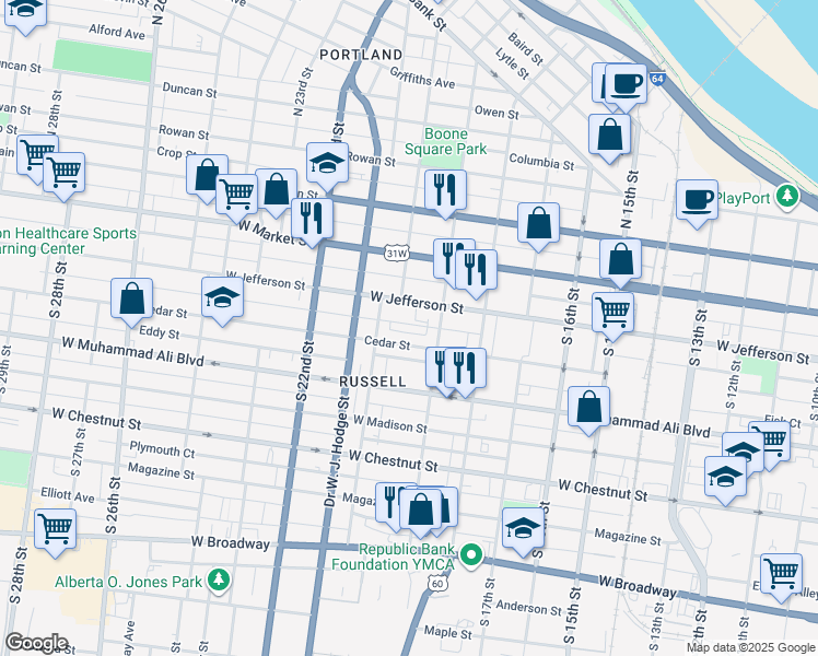 map of restaurants, bars, coffee shops, grocery stores, and more near 1918 Green Alley in Louisville