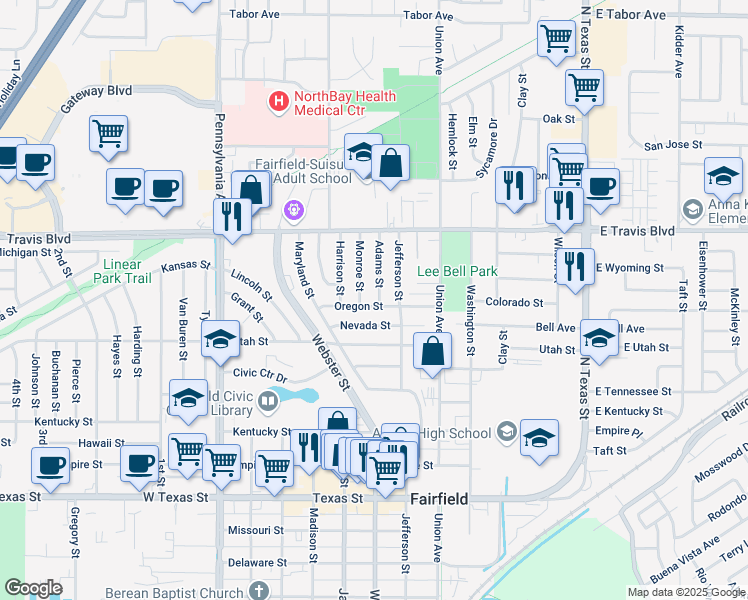 map of restaurants, bars, coffee shops, grocery stores, and more near 1320 Adams Street in Fairfield
