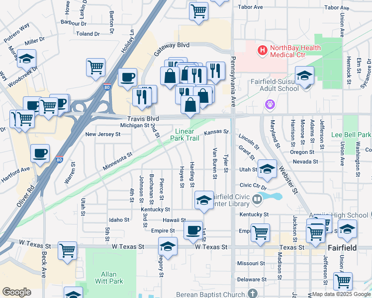 map of restaurants, bars, coffee shops, grocery stores, and more near 1154 Harding Street in Fairfield