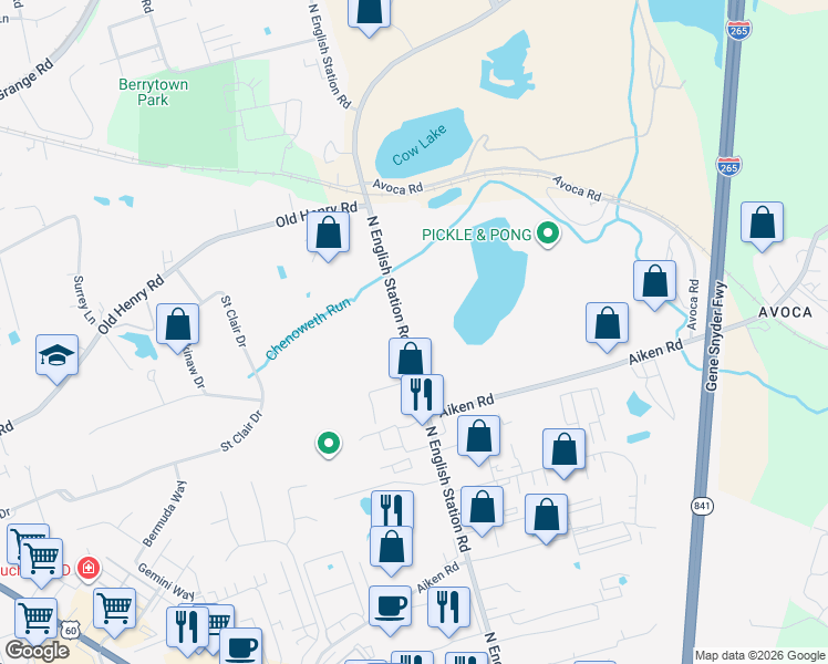 map of restaurants, bars, coffee shops, grocery stores, and more near 601 North English Station Road in Louisville