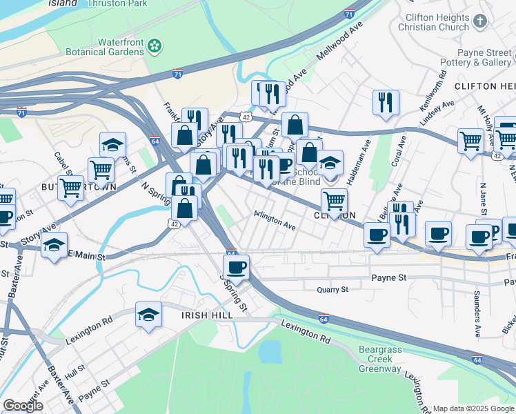 map of restaurants, bars, coffee shops, grocery stores, and more near 156 Pope Street in Louisville