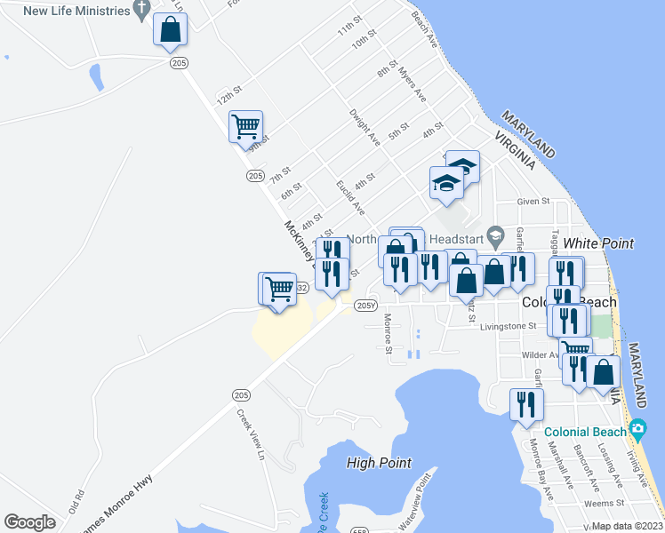 map of restaurants, bars, coffee shops, grocery stores, and more near 326 2nd Street in Colonial Beach