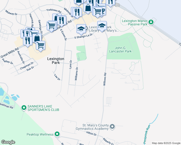 map of restaurants, bars, coffee shops, grocery stores, and more near 21494 Hillary Court in Lexington Park