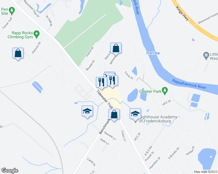 map of restaurants, bars, coffee shops, grocery stores, and more near 10865 Tidewater Trail in Fredericksburg