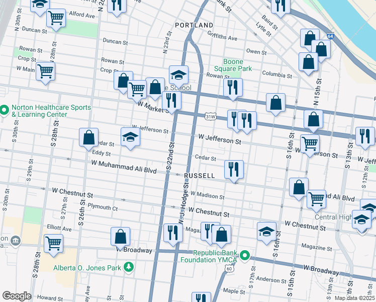 map of restaurants, bars, coffee shops, grocery stores, and more near 407 1/2 Doctor W. J. Hodge Street in Louisville