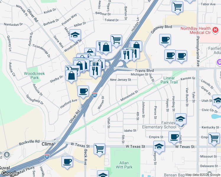map of restaurants, bars, coffee shops, grocery stores, and more near 1112 Roosevelt Street in Fairfield