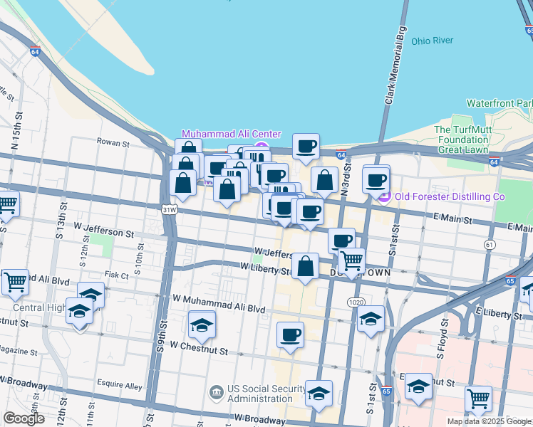 map of restaurants, bars, coffee shops, grocery stores, and more near 527 West Market Street in Louisville