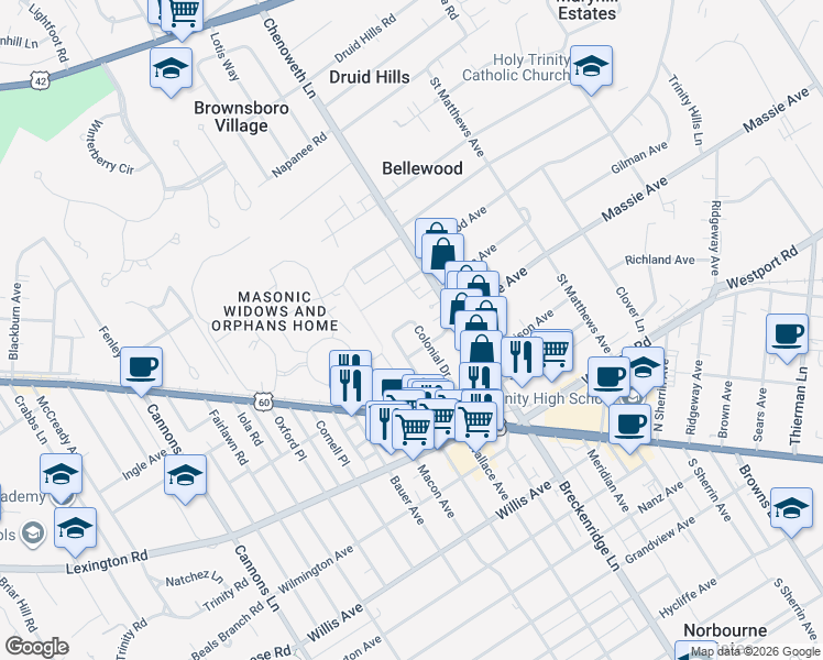 map of restaurants, bars, coffee shops, grocery stores, and more near 3805 Colonial Drive in Louisville