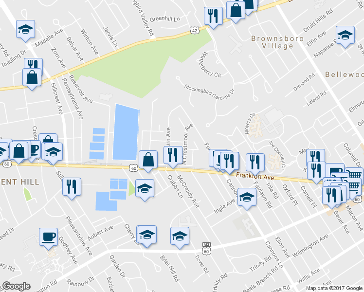map of restaurants, bars, coffee shops, grocery stores, and more near 134 North Crestmoor Avenue in Louisville