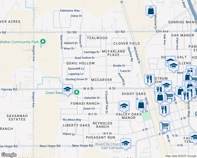 map of restaurants, bars, coffee shops, grocery stores, and more near 125 Silver Spruce Court in Galt
