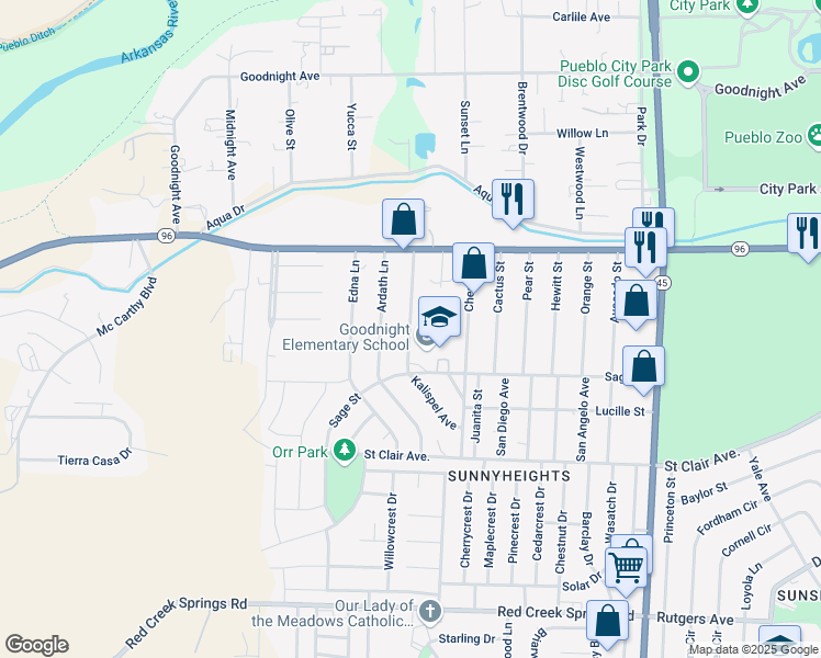 map of restaurants, bars, coffee shops, grocery stores, and more near 624 Windy Way in Pueblo