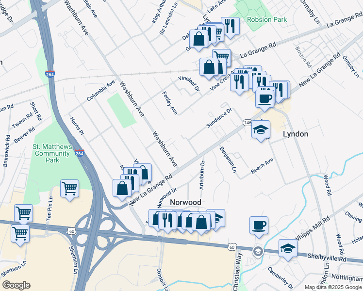 map of restaurants, bars, coffee shops, grocery stores, and more near 417 Washburn Avenue in Louisville