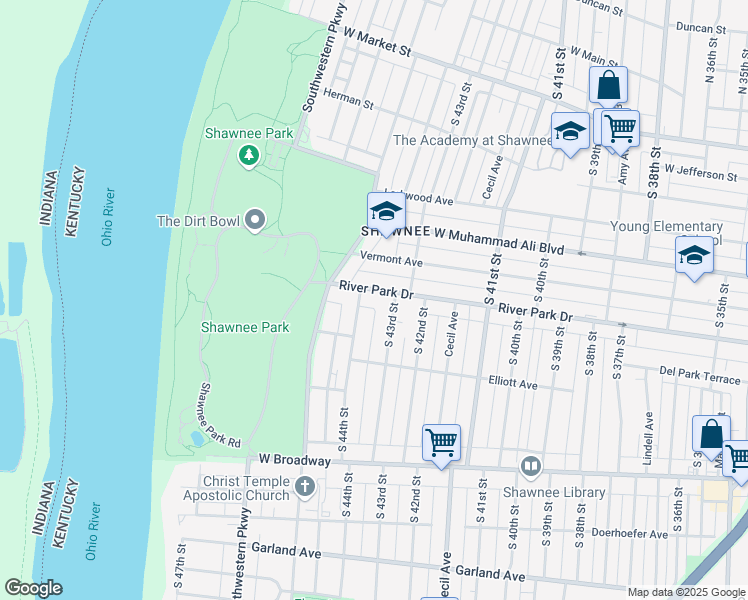 map of restaurants, bars, coffee shops, grocery stores, and more near 4322 River Park Drive in Louisville
