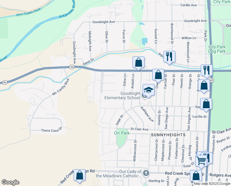 map of restaurants, bars, coffee shops, grocery stores, and more near 5102 Aramis Ct in Pueblo