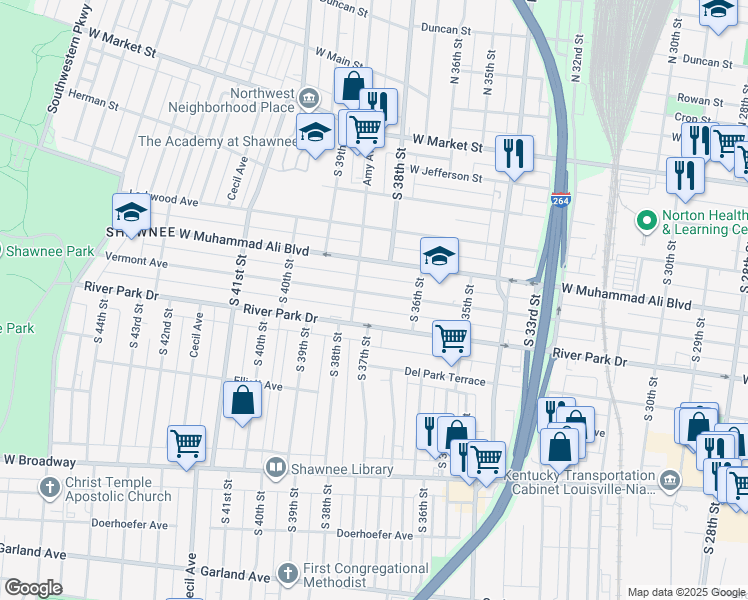 map of restaurants, bars, coffee shops, grocery stores, and more near 3718 Vermont Avenue in Louisville