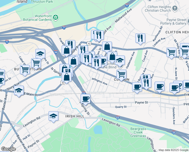 map of restaurants, bars, coffee shops, grocery stores, and more near 156 Pope Street in Louisville