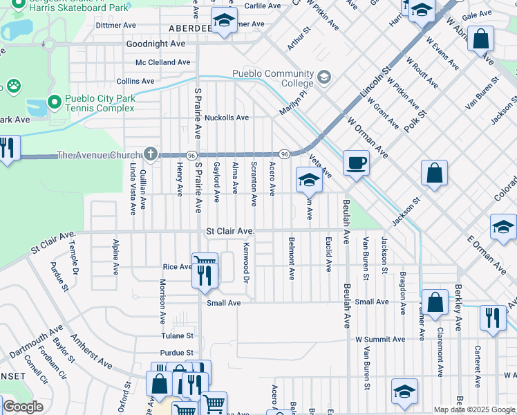 map of restaurants, bars, coffee shops, grocery stores, and more near 618 Scranton Avenue in Pueblo