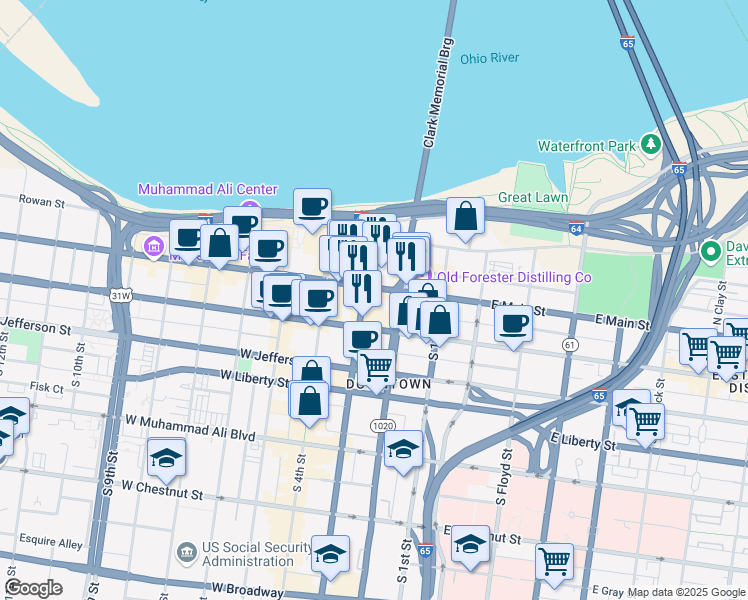 map of restaurants, bars, coffee shops, grocery stores, and more near 220 West Main Street in Louisville