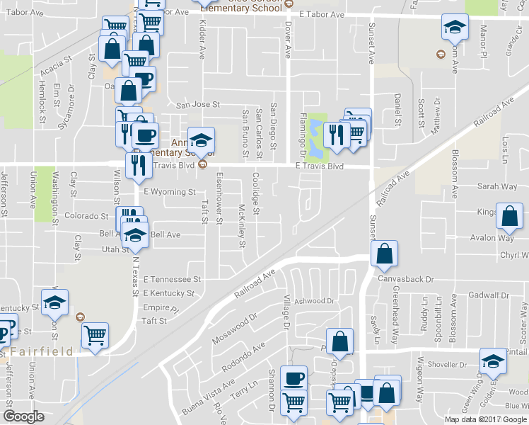 map of restaurants, bars, coffee shops, grocery stores, and more near 1310 Coolidge Street in Fairfield