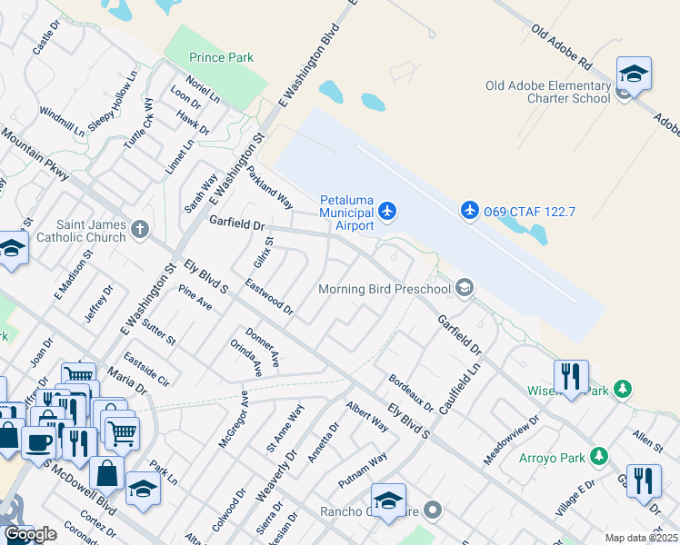 map of restaurants, bars, coffee shops, grocery stores, and more near 2049 Vista Lane in Petaluma