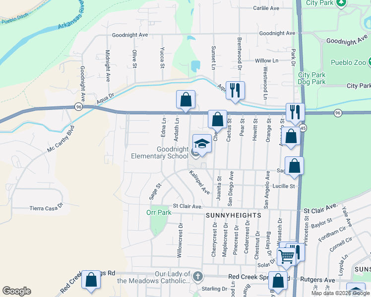 map of restaurants, bars, coffee shops, grocery stores, and more near 603 Windy Way in Pueblo