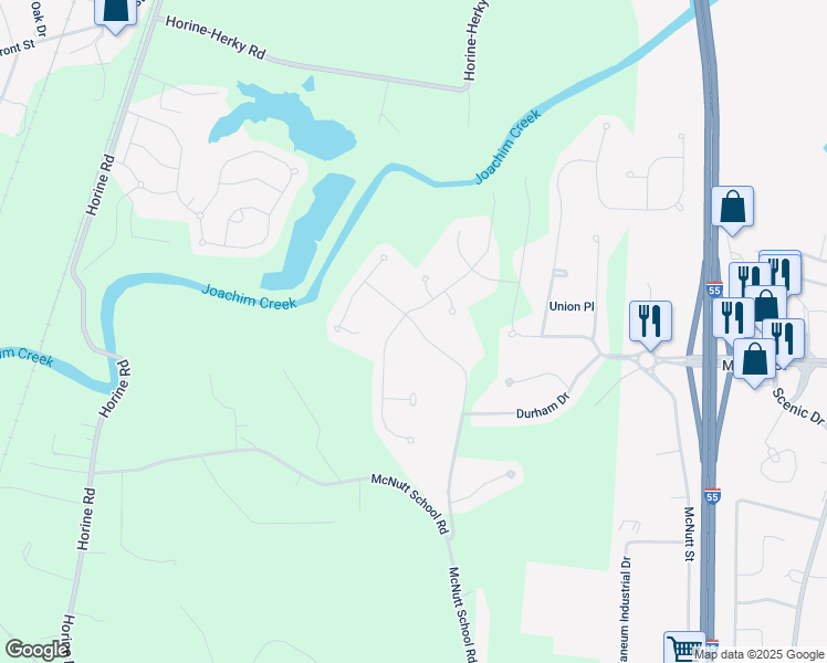 map of restaurants, bars, coffee shops, grocery stores, and more near 2203 Providence Park Lane in Herculaneum