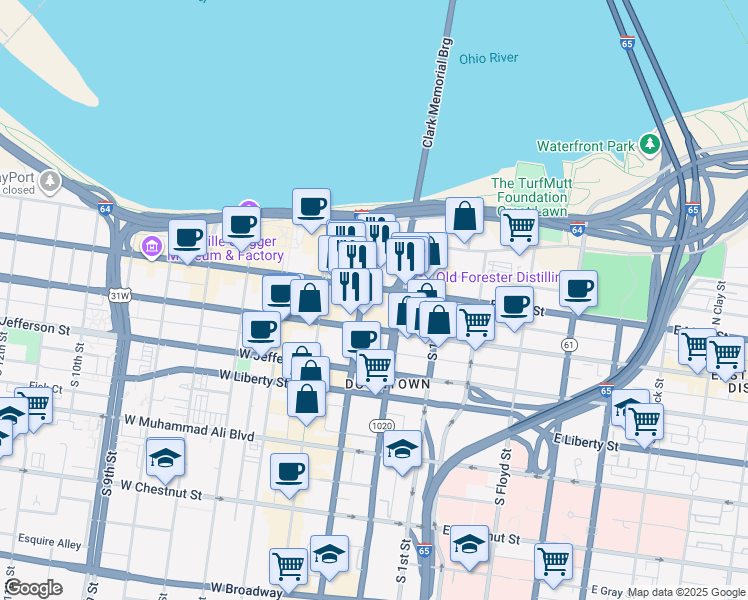 map of restaurants, bars, coffee shops, grocery stores, and more near 120 South 3rd Street in Louisville
