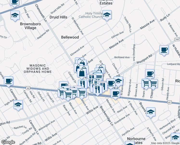 map of restaurants, bars, coffee shops, grocery stores, and more near 3917 Kennison Avenue in Louisville