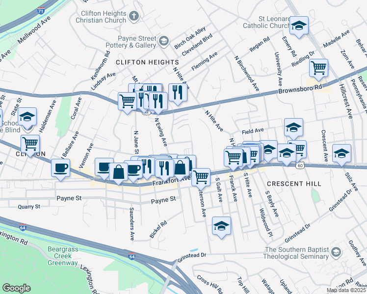 map of restaurants, bars, coffee shops, grocery stores, and more near 134 North Peterson Avenue in Louisville