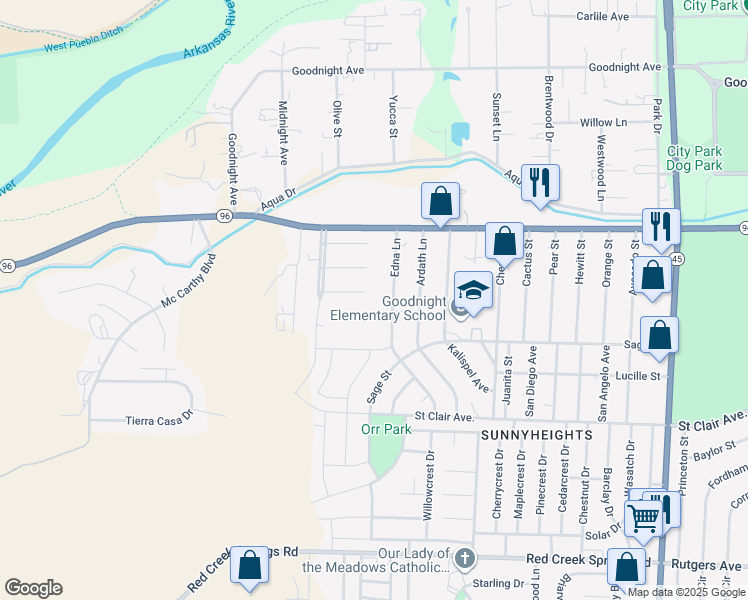 map of restaurants, bars, coffee shops, grocery stores, and more near 5102 Aramis Ct in Pueblo