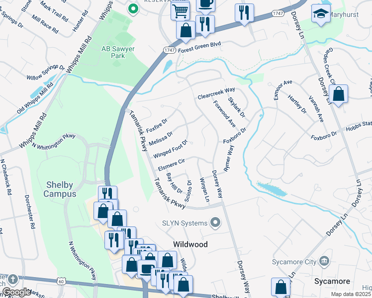 map of restaurants, bars, coffee shops, grocery stores, and more near 9820 Winged Foot Drive in Louisville